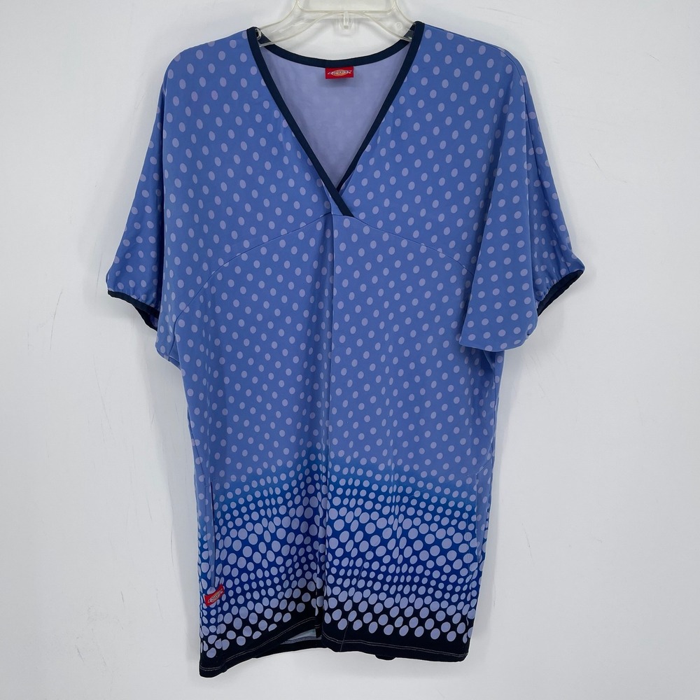 Dickies Women's Blue Polka Dot V Neck Dolman Sleeve Medical Scrub Top Size 2X